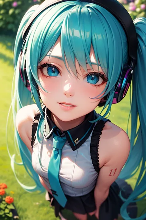  vocaloid , Hatsune Miku,Turquoise twin tails,tie,headphones,sleeveless, black arm cover ,black long boots