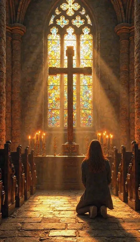 Inside an ancient stone church with high ceilings and grand stained-glass windows, a humble person kneels in deep prayer before an illuminated wooden cross. A golden divine light filters through the colorful stained glass, casting mesmerizing patterns on t...