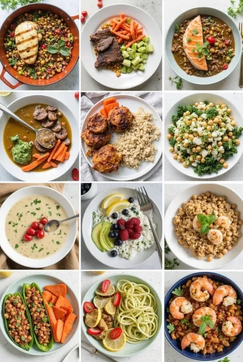 
1. Grilled Lemon Garlic Chicken


2. Beef Stir-Fry with Vegetables


3. Quinoa and Roasted Vegetable Bowl


4. Baked Salmon with Lemon and Herbs


5. Lentil Soup with Carrots and Celery


6. Chickpea and Avocado Toast


7. Greek Yogurt and Berry Parfait

...