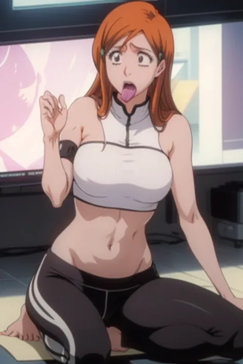 Orihime Inoue from Bleach wearing a crop top and yoga pants we can see her navel and feet as she is strangled she is convulsing having her mouth wide open and her eyes rolling back she is almost fainted from the lack of oxygen we can see her feet
