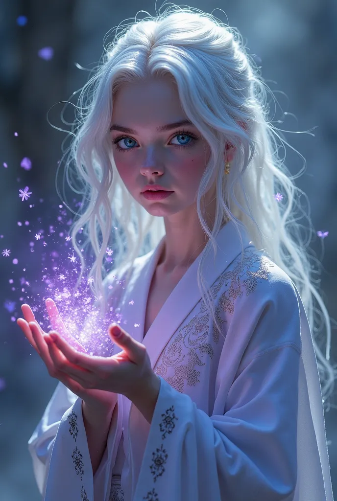 Create a movie poster-style image, of a little witch age girl,  of white hair,  blue eyes, Sorceress's clothing, And with violet 