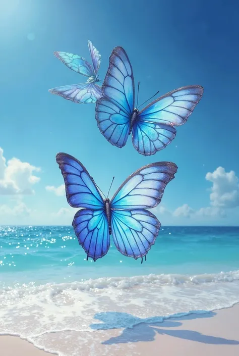 butterflies floating in the water on a beach with a white sand, a photorealistic painting by Anna Haifisch, trending on pexels, surrealism, sea butterflies, glowing blue butterflies, butterflies, harmony of butterfly, butterflies floating in the sky, butte...