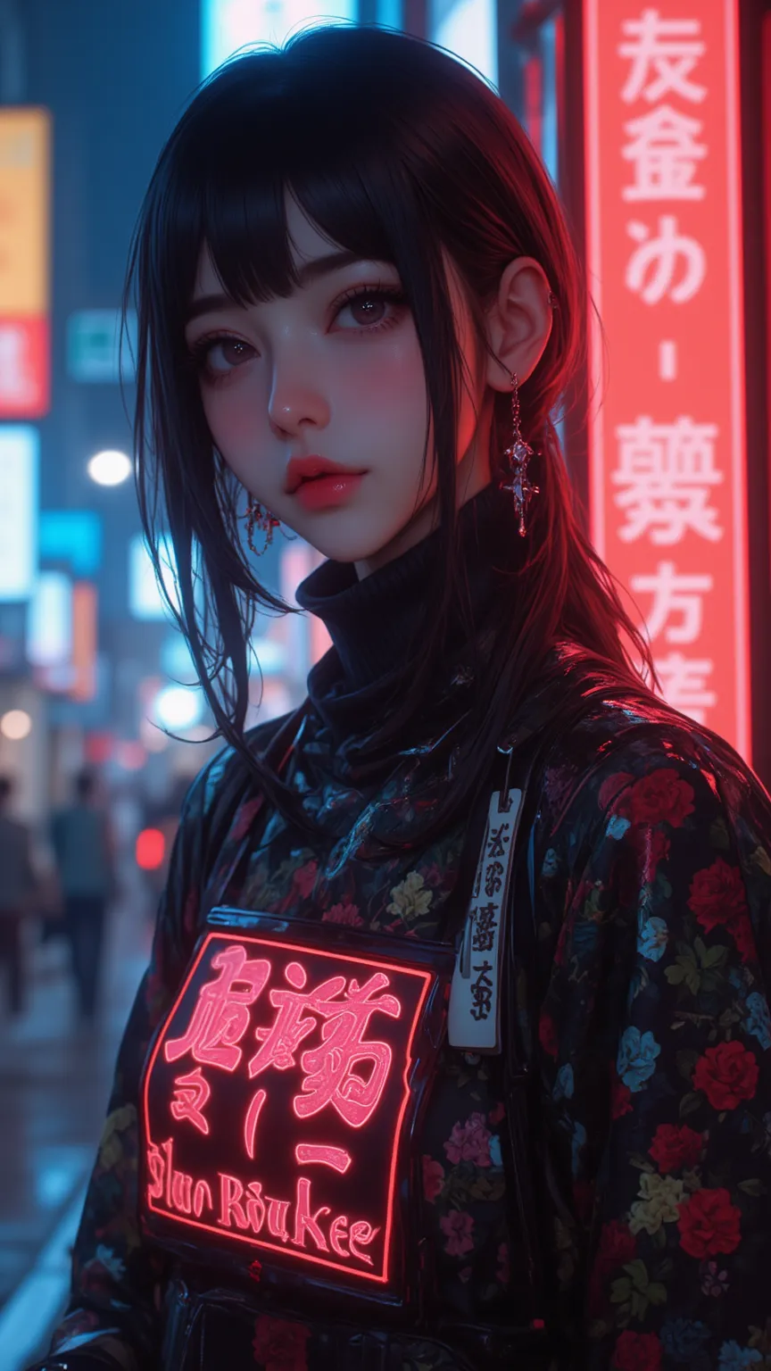 intricate lines and expressive contrast，with dynamic highlighted soft lighting，Features cpym style masterpiece，Best Quality，Very beautiful 8K artwork，Latest， around the age of thirty，depth of field，Focus theme， Artist：Moriimee。Japanese woman wearing neon c...