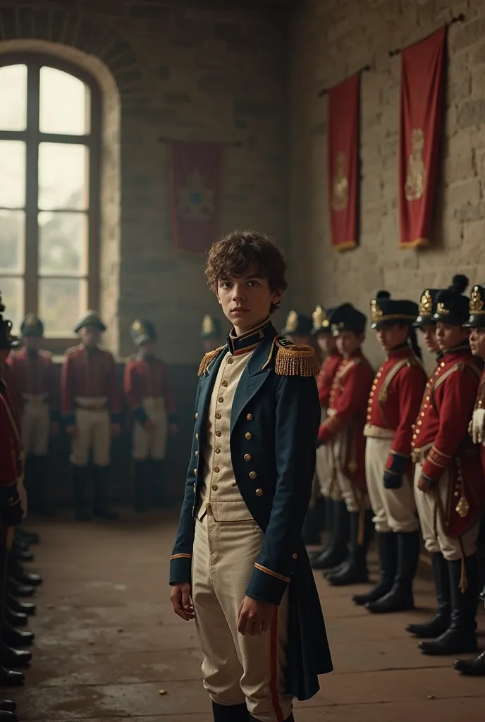 "Create a dramatic and atmospheric image of young Napoleon Bonaparte as an outcast in military school. The scene is set in a dimly lit academy hall, where aristocratic French cadets in pristine uniforms mock and sneer at a young Napoleon. He stands apart, ...