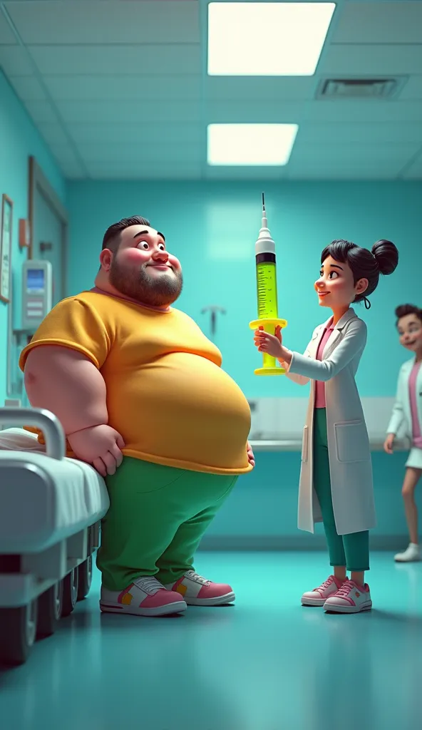 A whimsical 3D cartoon scene inside a futuristic hospital, featuring an extremely overweight patient in bright, colorful clothes. A playful doctor holds a massive neon-green syringe, while a laughing nurse stands in the background. The lighting is vivid an...