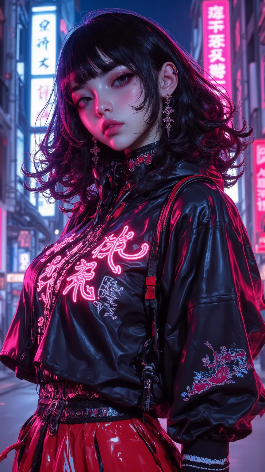 intricate lines and expressive contrast，with dynamic highlighted soft lighting，Features cpym style masterpiece，Best Quality，Very beautiful 8K artwork，Latest， around the age of thirty，depth of field，Focus theme， Artist：Moriimee。Japanese woman wearing neon c...