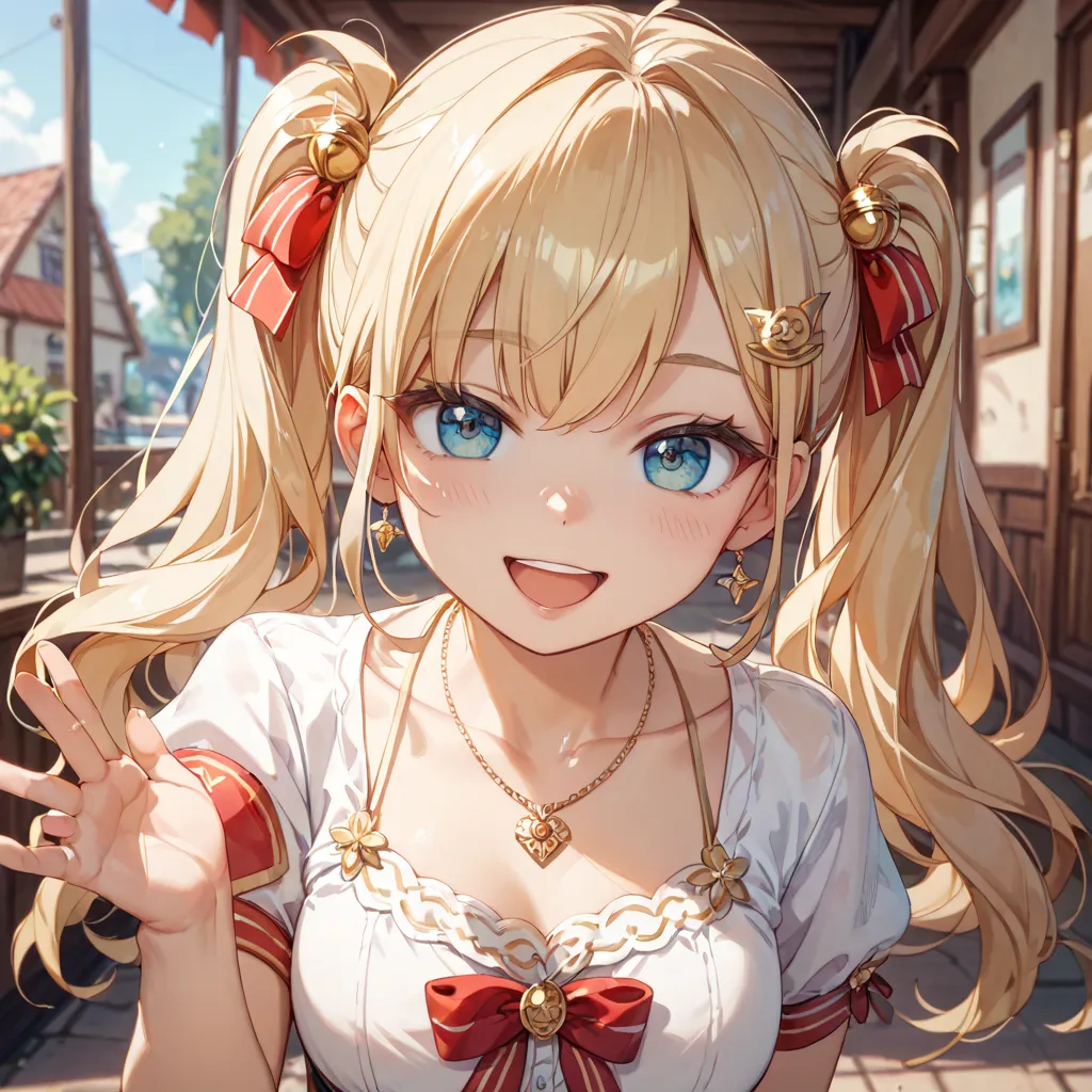  Gold、small hair ornament、twin tails、long hair、 eye larger、Keep the outer corner of your eye high 、lashes slightly longer、Small nose、Open your mouth slightly、smile、18 years old、Lean forward、Short sleeve、Chest Exposure、 pendant