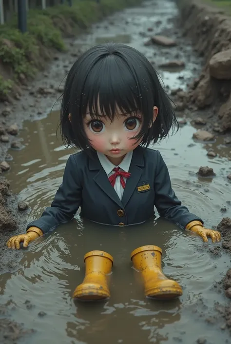 ((Highest quality)), (( masterpiece)), ( exhaustive), Japanese idol、 cute woman　 petite figure、SMALLE BREASTS、Thick legs、 short cut bob hair、 Hair、Wore muddy yellow hunter rain boots、((High school girl blazer uniform:1.75))、covered in a huge quagmire cover...