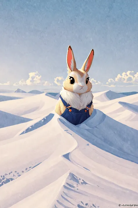 cute white fluffy hare, standing on the top of a hill and looking at the endless horizons. His eyes dream of new adventures. You can see mountains and a river on the horizon, as well as clouds . 
