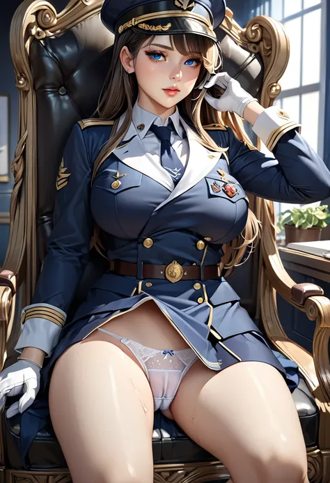 big boobs,  masturbating, Sitting showing her wet panties, legs spread, Blue Navy Sexy Uniform,  white gloves, Double-breasted Insignia,  long blue pencil skirt , Captain's Cap, masterpiece, best quality, Rosto  detailed, Olhos  detaileds, High resolution,...