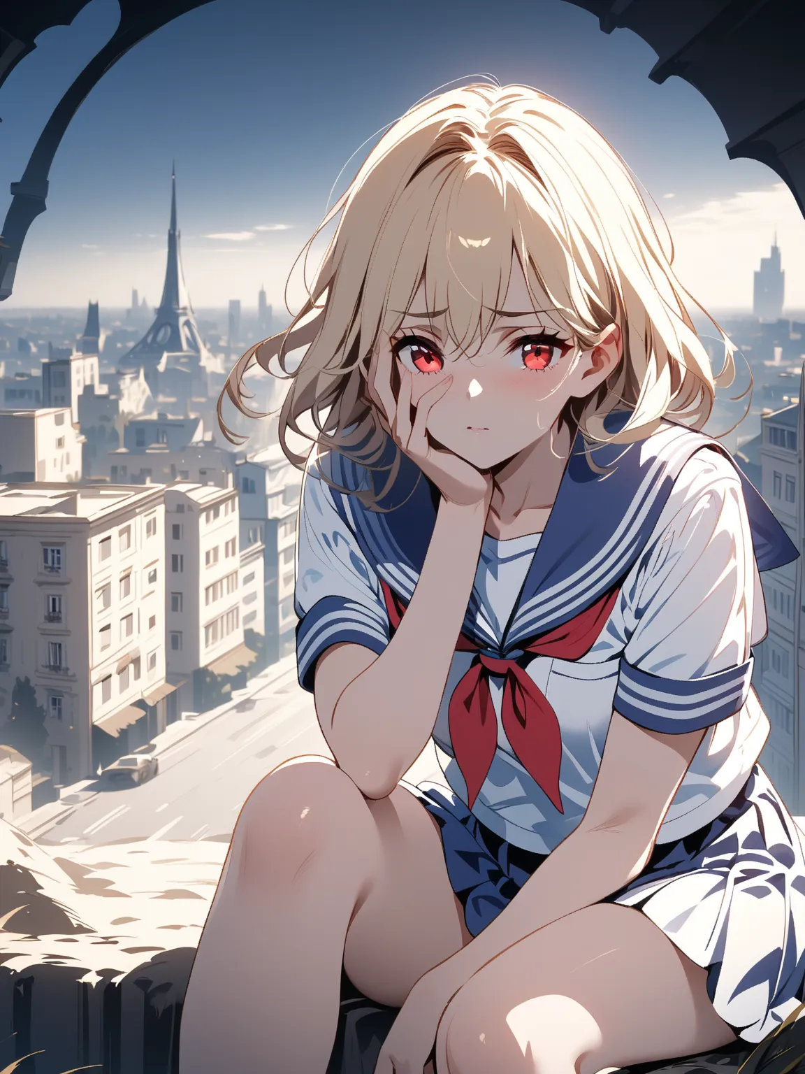 Sailor suit summer uniform, blonde medium hair,  girl with red eyes, Alone, French cityscape in the background,  alert ,  knee shot, corruption,  Shade, miniskirt, （NSFW:0.8）