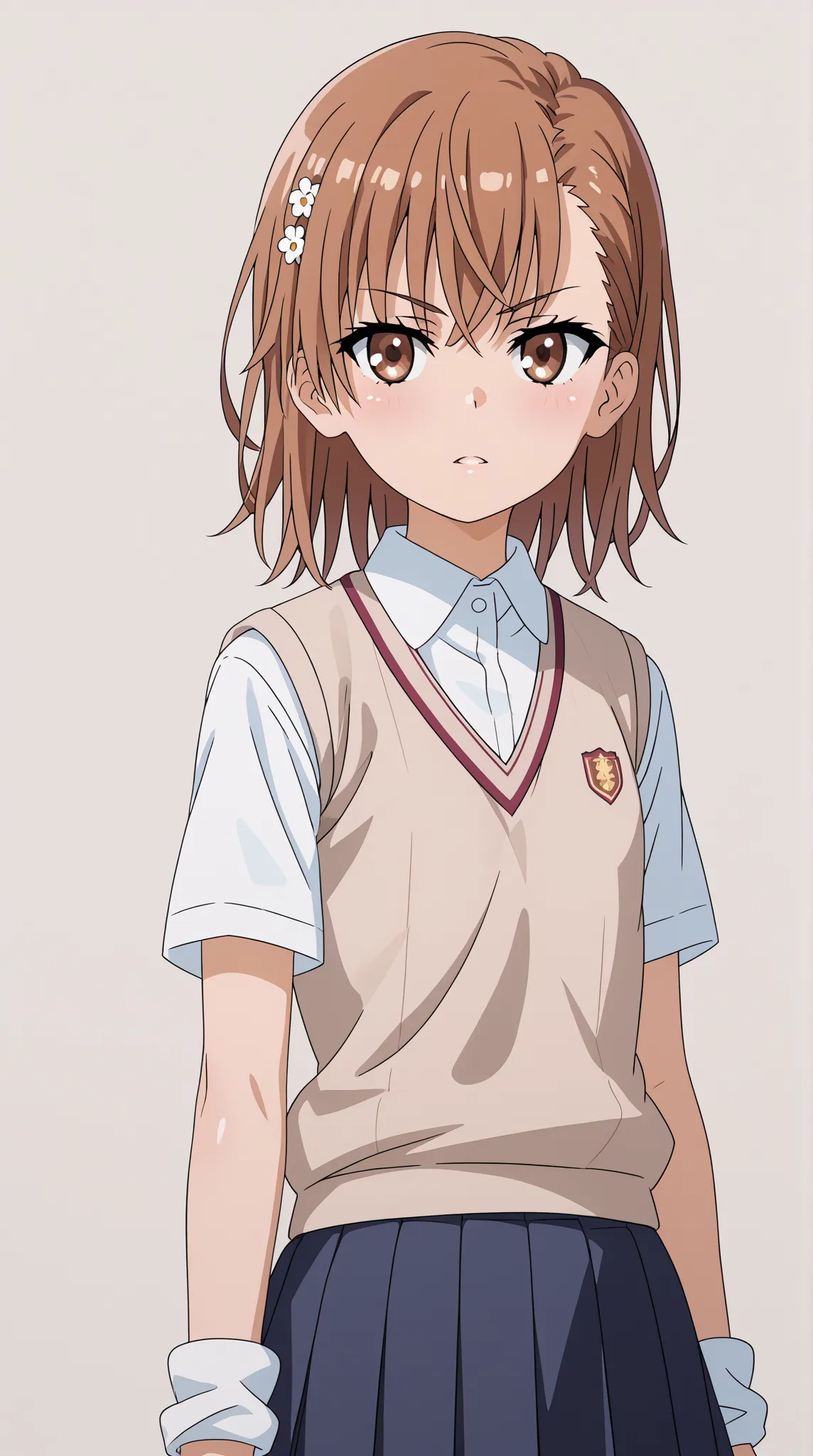 (UHD, retina, masterpiece, accurate, anatomically correct, super detail, high details,   highres, 1080P, 16k、high detail RAW color art:1.3)、 (misaka mikoto:1.3)、(short hair, brown hair:1.3)、(very flat chest:1.5)、(shiny skin:1.3)、(skirt, shirt, school unifo...