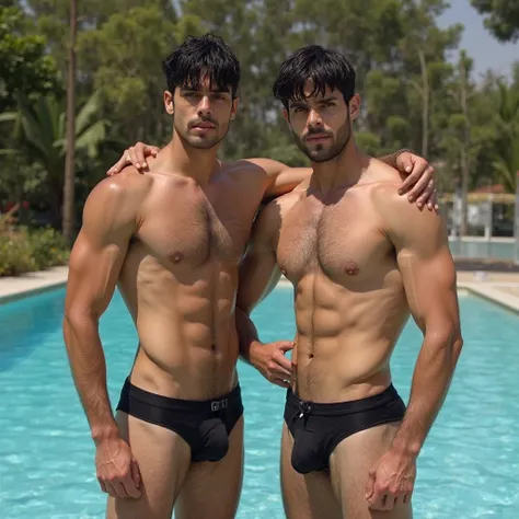 2 Latino man, Brasileiro,naked,model, fair skin,  bangs on straight black hair,blue and green eyes,athletic and hairy body, big upturned ass , in the setting of a water park with sexy black underwear, various positions for underwear photos