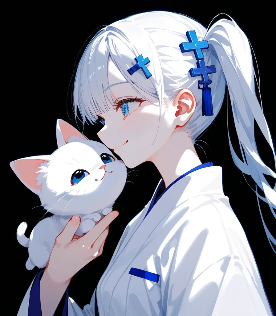 Anime,1 girl,White Cat's Ear , blue eye,White skin,Blue white kimono,high profile,Japan, double ponytail,Tall,smile,crafty,cute,white background, dark edges,thinเพรียว,black background,Focus on the face, Exhaustion,thin,Cross Hairpin,Beautiful eyes,