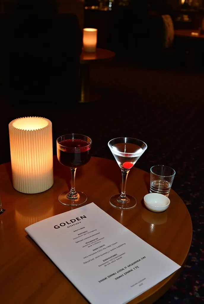 The setting appears to be a dimly lit, cozy bar or lounge. A wooden table holds an assortment of drinks and items. There is a glass of red wine with a deep, rich color, a martini glass containing a clear cocktail with a red cherry at the bottom, and a shor...