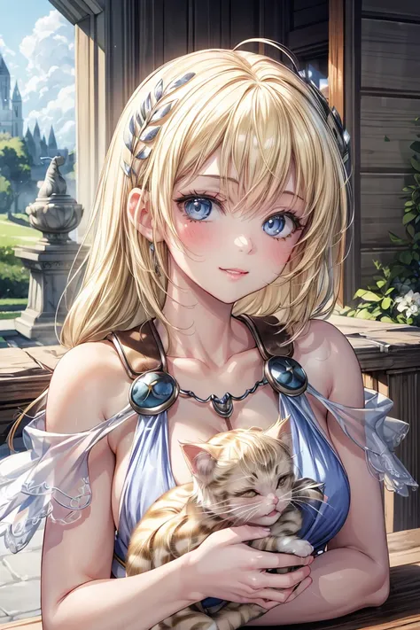 Very detailed、highest quality、Best image quality、masterpiece、8k、Anime Face、A kind smile、Open your mouth、Sparkling blue eyes、(Blonde:1.5)、(kitten:1.5)、Muscles of the whole body、Sophitia Alexandra