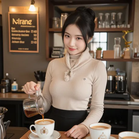 16k clear photo quality, The high-profile, perfectly shaded Asian  girl, with a cute, bright appearance, fine white skin, wore a short turtleneck with matching long sleeves and a warm tassel, giving a chic barista look that looked agile and stylish. Her lo...