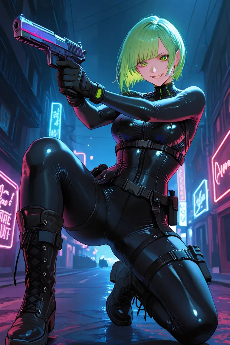 A woman with short hair and black, with a modern cut and slightly asymmetric fringe, highlighting her intense green eyes and.  She wears a tight and futuristic costume ,  predominantly black , with details in vibrant purple and red, that accentuate her sle...