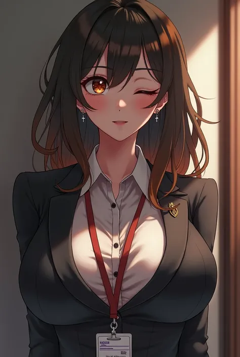  eyes half closed with a beautiful look, orange eyes, very pretty face, cute girl, Alone ,  Medium Hair, ((Black hair with brown tips)), very large breasts that look and stand out, tight office uniform, ID card,  pierced cross earrings , blush, anime,Curvy...