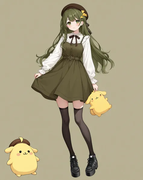 Standing in a row of ginkgo trees、Ginkgo biloba dances、brown semi-long hair、Wear a brown beret、Wear a dark green dress with a white shirt、black knee-high socks and black platform sneakers、Hold Pompompurin's stuffed animal