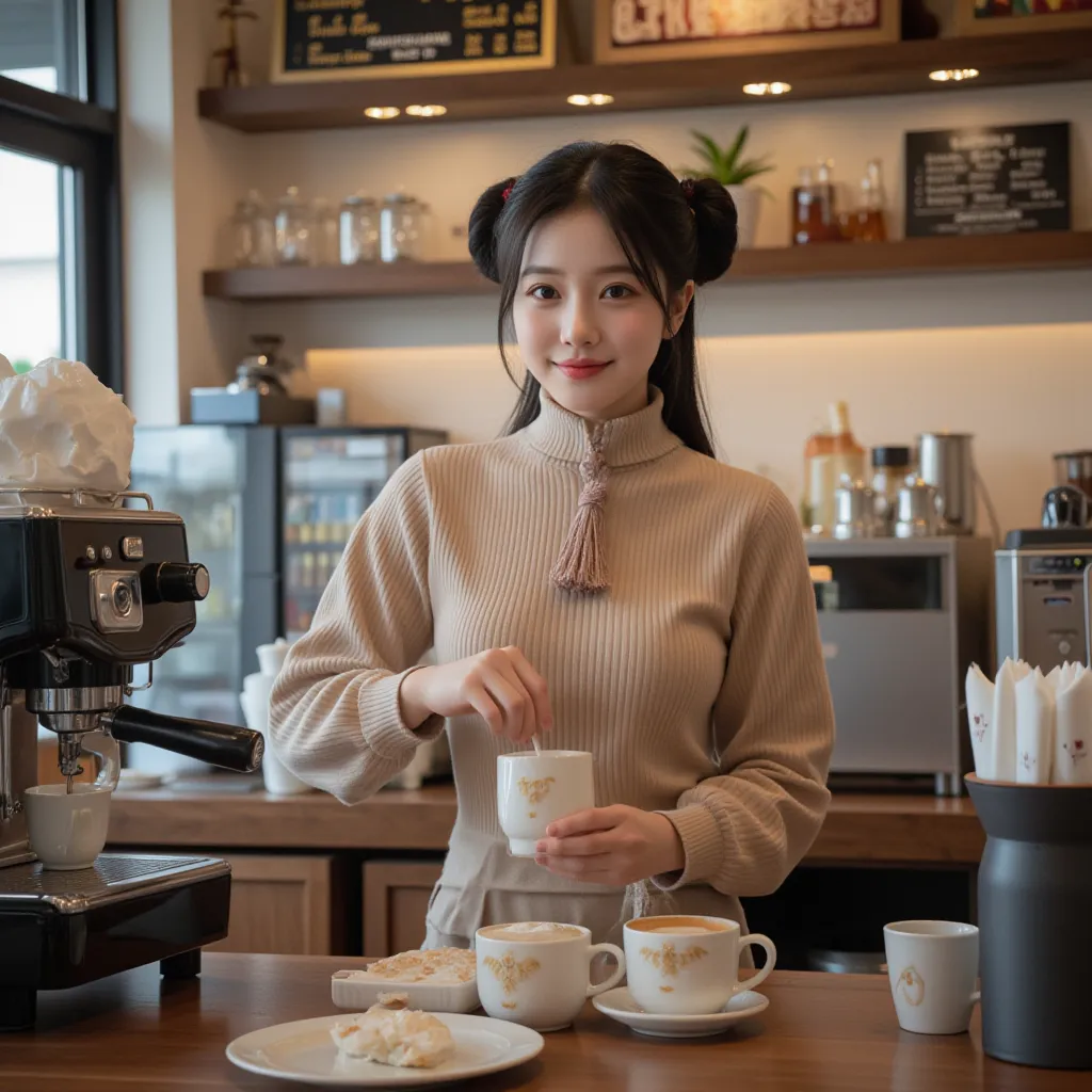 16k clear photo quality, The high-profile, perfectly shaded Asian  girl, with a cute, bright appearance, fine white skin, wore a short turtleneck with matching long sleeves and a warm tassel, giving a chic barista look that looked agile and stylish. Her lo...