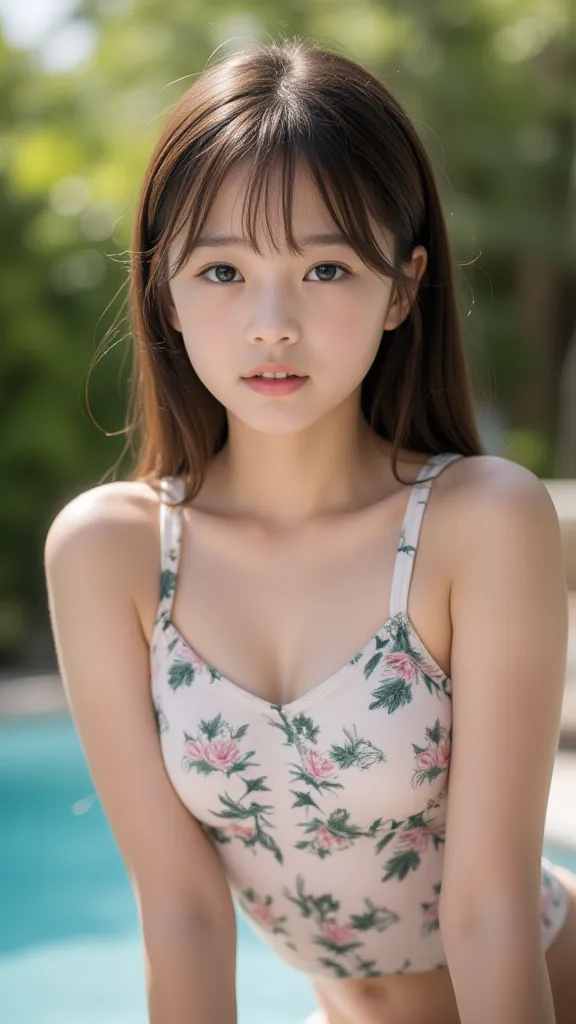 The young  girl next door at her pool, close up unaware candid photo, blurred background, achingly cute figure, trendy SHEIN one piece bathing suit