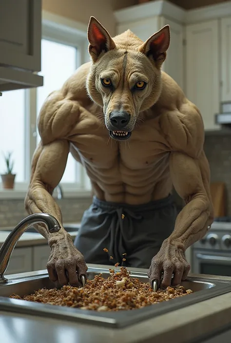 A dog with the body of a man throwing garbage down the sink