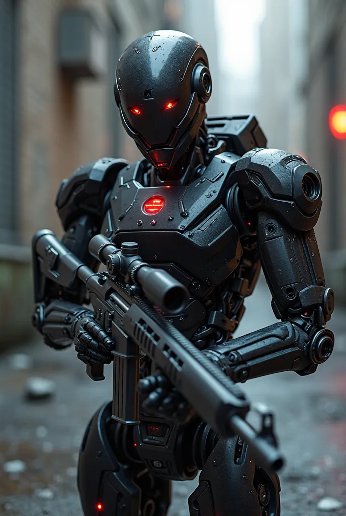 Super tactical Black killer robot with small red light around its body with scoped three red eyes holding a sniper gun with both hands