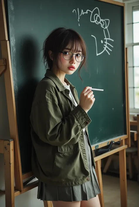 (( top quality)), ((High quality jack、 Masterpiece、 High sensitivity 、 Hi-Res 、  detailed description up to the front door、 depicts a delicate face ))plump women、glasses、 army jacket、 pleated miniskirt 、 thick-soled sneakers 、short hair, Bring me chalk 、tu...