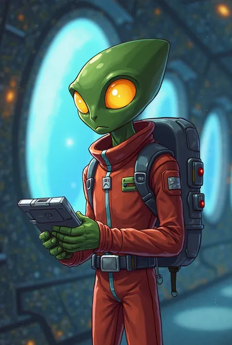  Create a cartoon style image/adventure time of a Martian dressed in space clothing holding a pager inside a ship It would be an image for YouTube so I think it would have to be 2.560 px by 1.440 px,  Horizontal image  