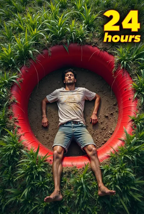 "A dramatic survival challenge scene featuring a man lying on the ground inside a red circle, looking exhausted.

His clothes are torn and dirty, his body language suggests fatigue, and the grass inside the circle has worn away, revealing dirt underneath. ...