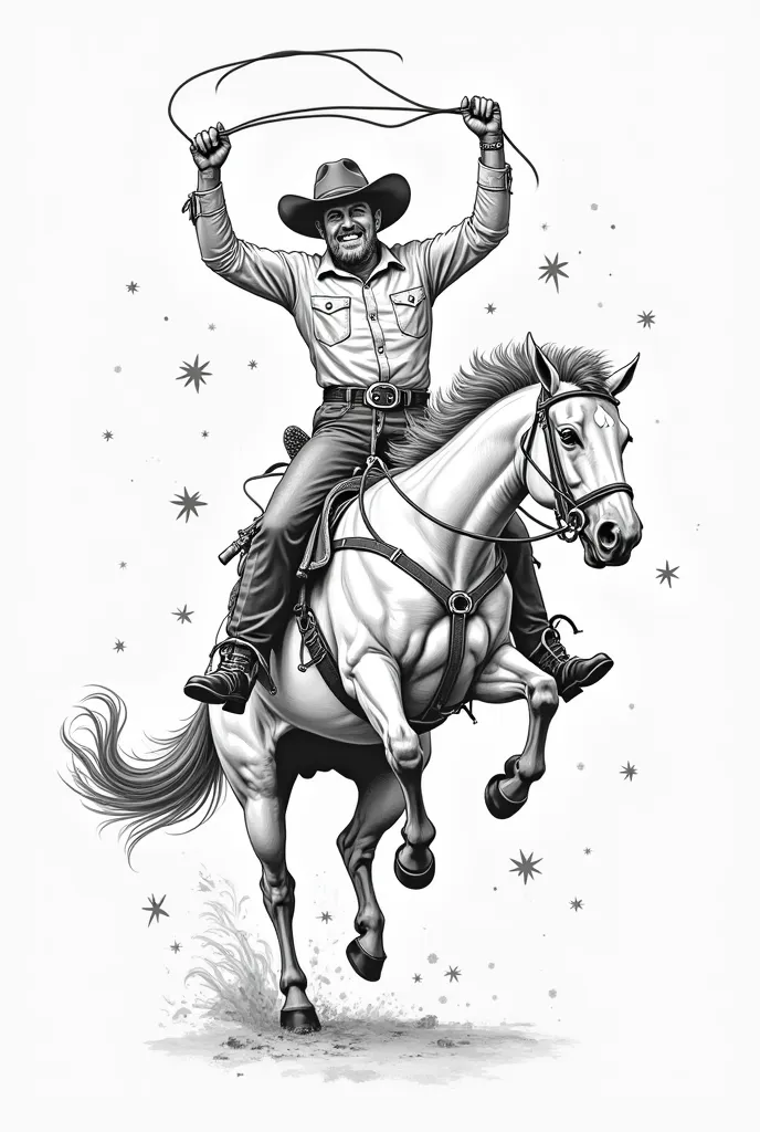 This is a vintage-style black-and-white illustration of a cowboy riding a bucking horse. The cowboy is wearing a hat and is dressed in classic western attire, including chaps with fur lining. He holds onto the reins with one hand while raising the other in...