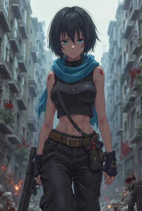 Anime girl with medium tanned skin, short black hair, blue scarf, turtle neck black sleeveless tank top, black baggy pants, half finger gloves, and having some weapons in a zombie apocalyptic atmosphere 