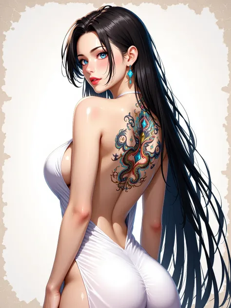 A tall Iranian woman with long, flowing black hair stands with her back to the viewer in a full-body pose. She wears a white outfit that elegantly flows down her frame, revealing her smooth, pale skin and open back. Her vibrant red lips stand out against h...