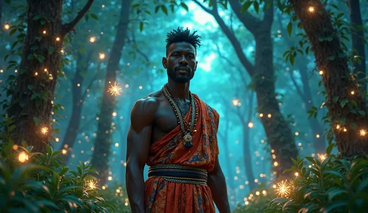 African man, in the middle of the forest, wearing traditional clothes, surrounded by insects that emit light, Pixar 3D animation style