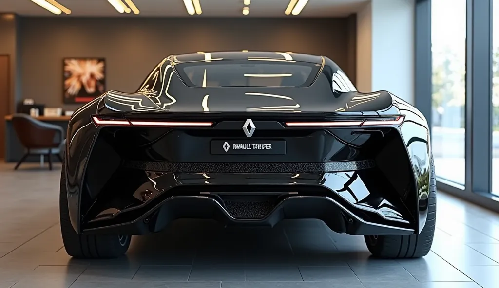 "An ultra-realistic image of the back end of a futuristic back 2025 Renault  Triber. The car features a large, imposing, and aerodynamic design with a glossy black shiny exterior. The back view end has a wide, aggressive grille with intricate black accents...