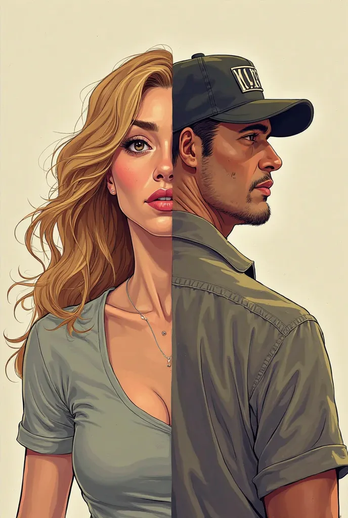 Book cover

Woman in split appearance, on the left showing her true self as an innocent, beautiful woman and her disguised self as a man with a cap and loose shirt on the right.

A man should stand behind the split as a strong, billionaire figure.

Cartoon...