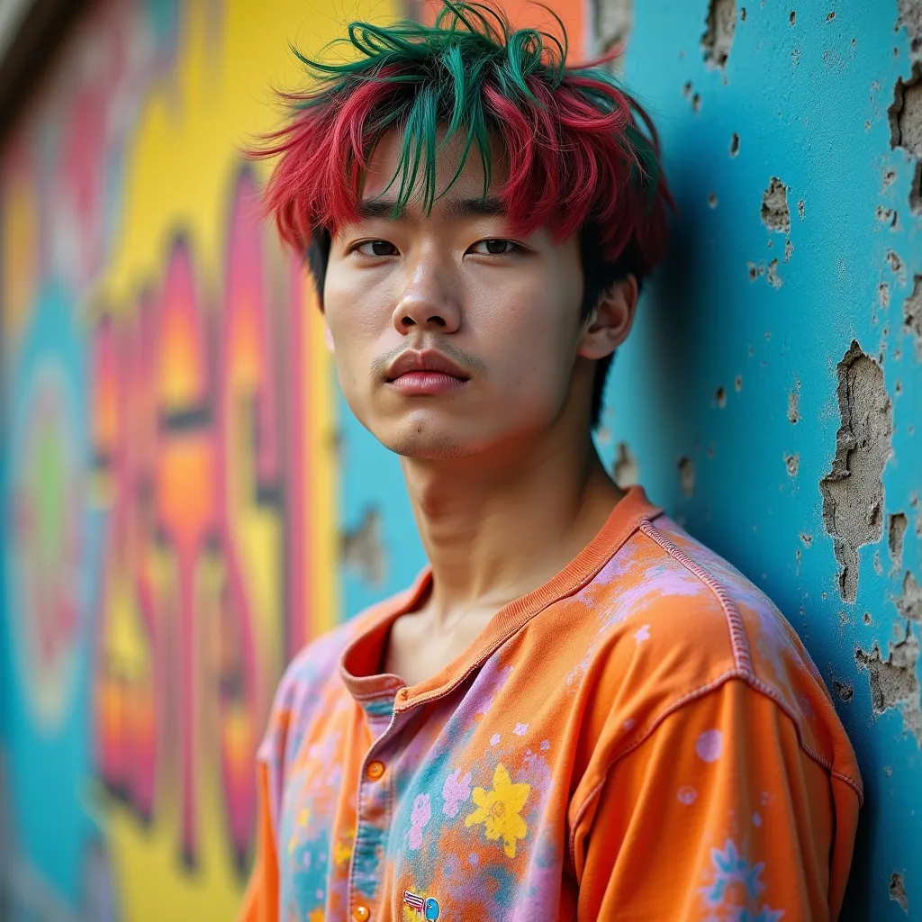 Handsome korean man ,Colorful hair leaning against the wall, vivid vivid colors, multicolored clothing, Cut tattered T-shirts, vibrant color details, Vibrant and dynamic, bright vibrant colors, multicolored clothing, Intense and vivid colors, vivid vivid c...