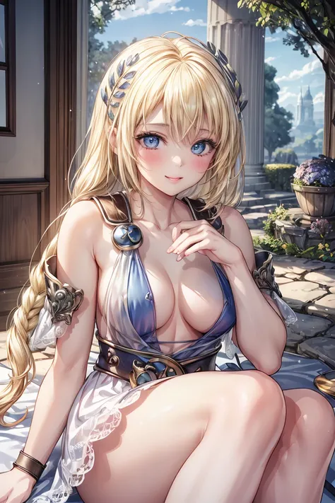 Very detailed、highest quality、Best image quality、masterpiece、8k、Anime Face、A kind smile、Open your mouth、Sparkling blue eyes、(Blonde:1.5)、(kitten:1.5)、Muscles of the whole body、Sophitia Alexandra