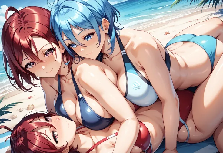 ((Highest quality)), (( masterpiece)), (exhaustive), Love Live style girl, 2girls, nsfw, (((supright straddle))), swimsuits, on beach, 
break,(azure hair:1.3), (dark_Maroon eyes:1.3), (short hair), bangs between eyes, (big breasts:1.2),thin eyebrows,(expre...