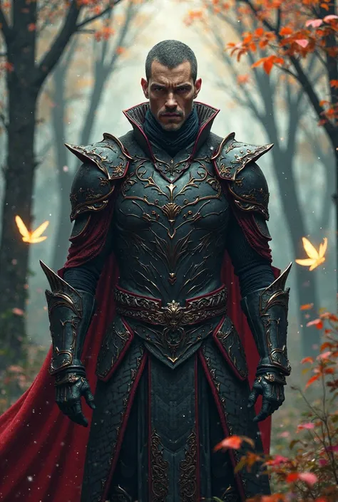 Create a warrior in black armor with red details with a background with magic trees and some fairies . The face of this warrior has a face of strong expression.