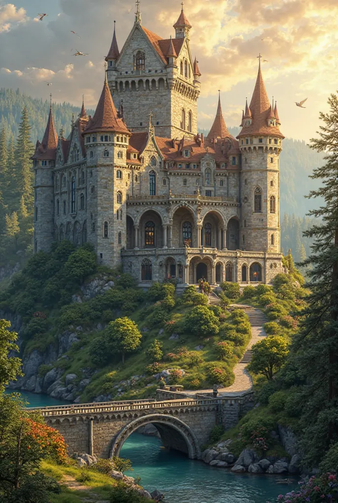 "Create an image of a majestic, medieval-style castle set on a lush, green hilltop overlooking a calm river. The castle should have tall, stone towers with pointed roofs, intricate arched windows, and a grand central keep. Surround the castle with sturdy s...