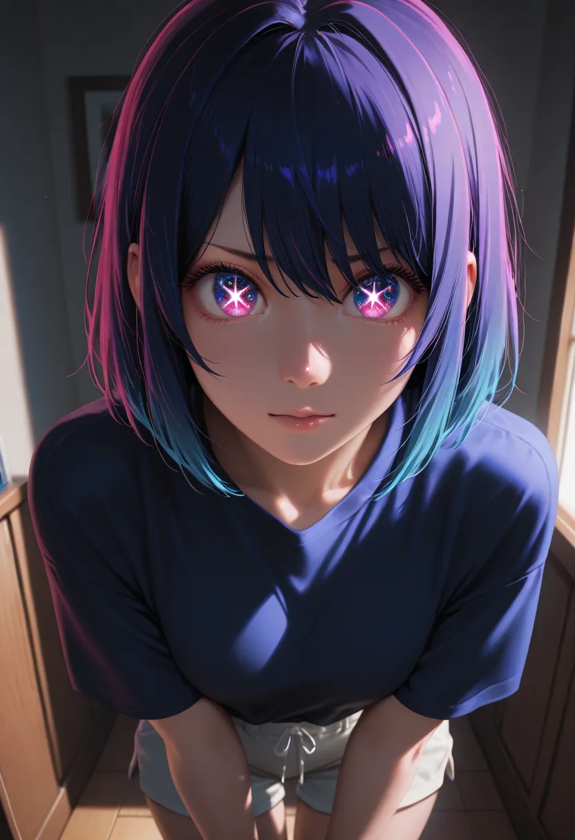 masterpiece, best quality, vibrant, very aesthetic, high contrast, photorealistic portrait, newest, 1girl,oshi no ko,source_oshi no ko,ai hoshino,shirt,shorts,room,realistic lighting,dramatic shadows,cinematic composition,
