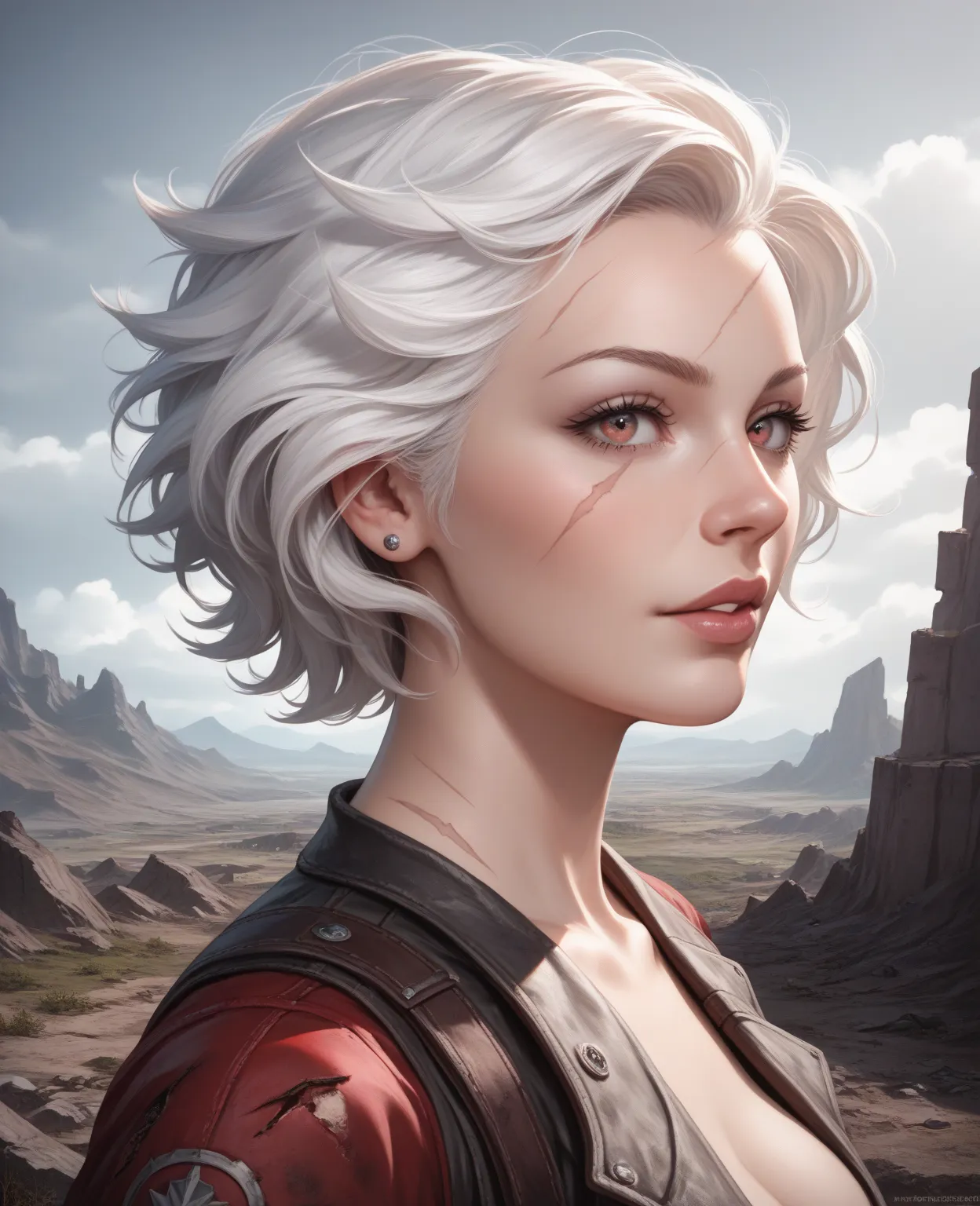 A beautiful girl with short white hair, red gray eyes and scars