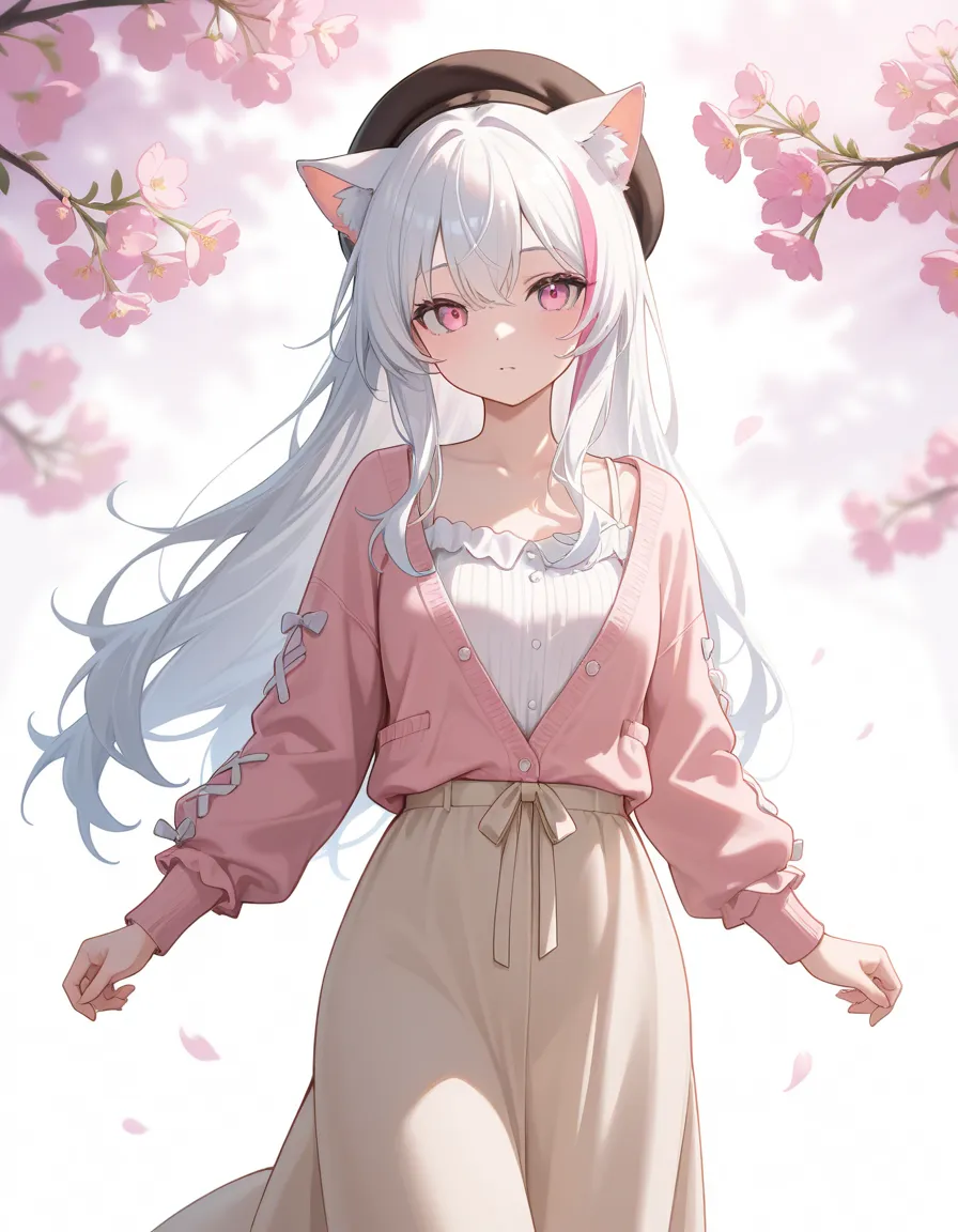  masterpiece,is best ,  latest , of, 美丽of女性 ，Cat ears，White hair， pink eyes，streaked hair， long hair， Beret ，Spring casual clothes，spring，Long skirt