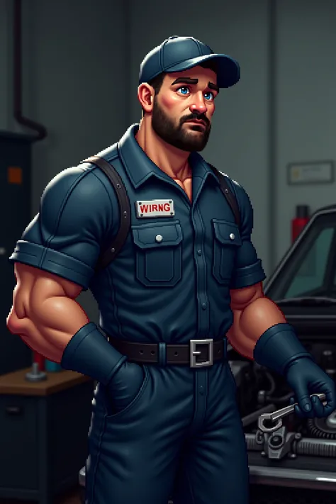 male mechanic pixel Create an art character, 6 feet tall,  Perfect Body , 、wearing a dark blue or gray mechanical suit、Pockets are visible、slightly greasy, The suit includes a name tag and a tool belt with various tools, cars wearing matching mechanic hats...