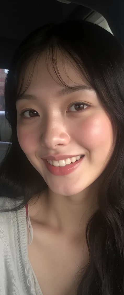 (vivid smile:2.5), (natural lip curvature:2.2), (subtle cheek lift:2.3), (laughing eyes:2.3), (dimpled cheeks:2.0), (realistic shading on lips and cheeks:2.2), (ultra-detailed skin texture:2.3), (soft skin highlights:2.0), (moist lips reflection:2.1), (wri...