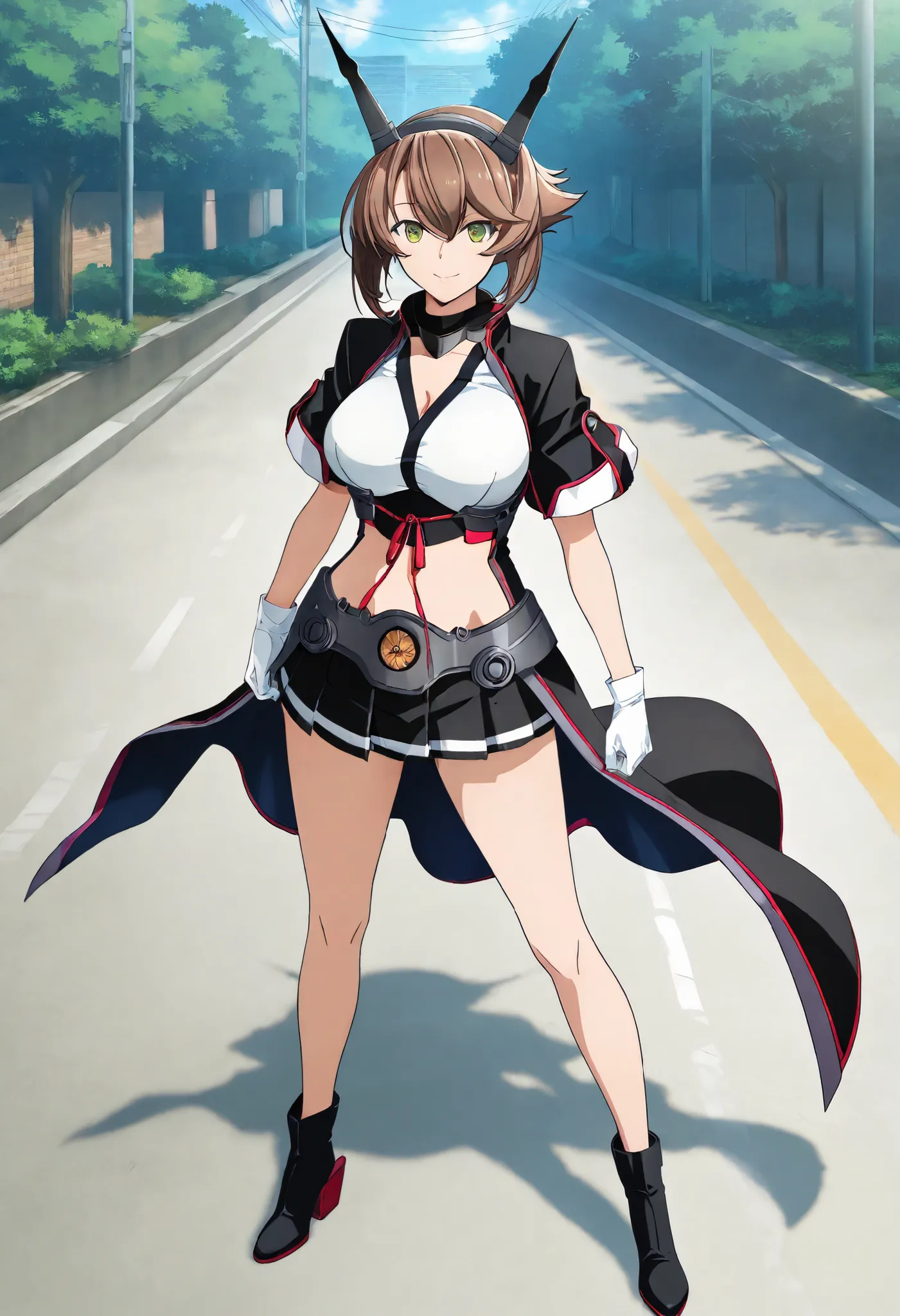  girls on the left,    brown hair, green eye,  headgear ,  short hair, Mutsukai 2-kc , crop top, white top, black coat, open court, short sleeve, white gloves,  Mutsu 2 Skirt , black skirt, pleated skirt, miniskirt, belly button, Red thighs,  ankle boots, ...