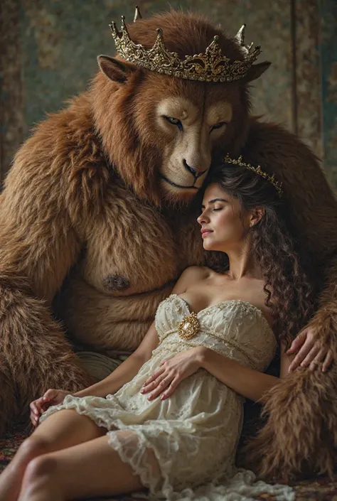 beautiful young lady with big breast, brown hair, small waist, and big buttocks. wearing sexy dress, sensually sleeping with a hybrid human-beast with mascular furry human body. Gigantic shirtless mascular beast, wearing a crown.