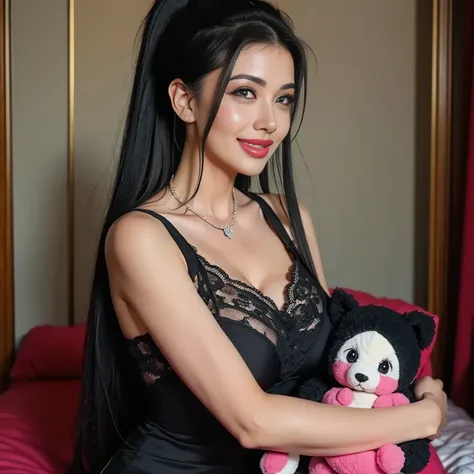 tunisian woman , black hair , 22 years old , ultra HD hair , smug face , beautiful face, holding a plushie
